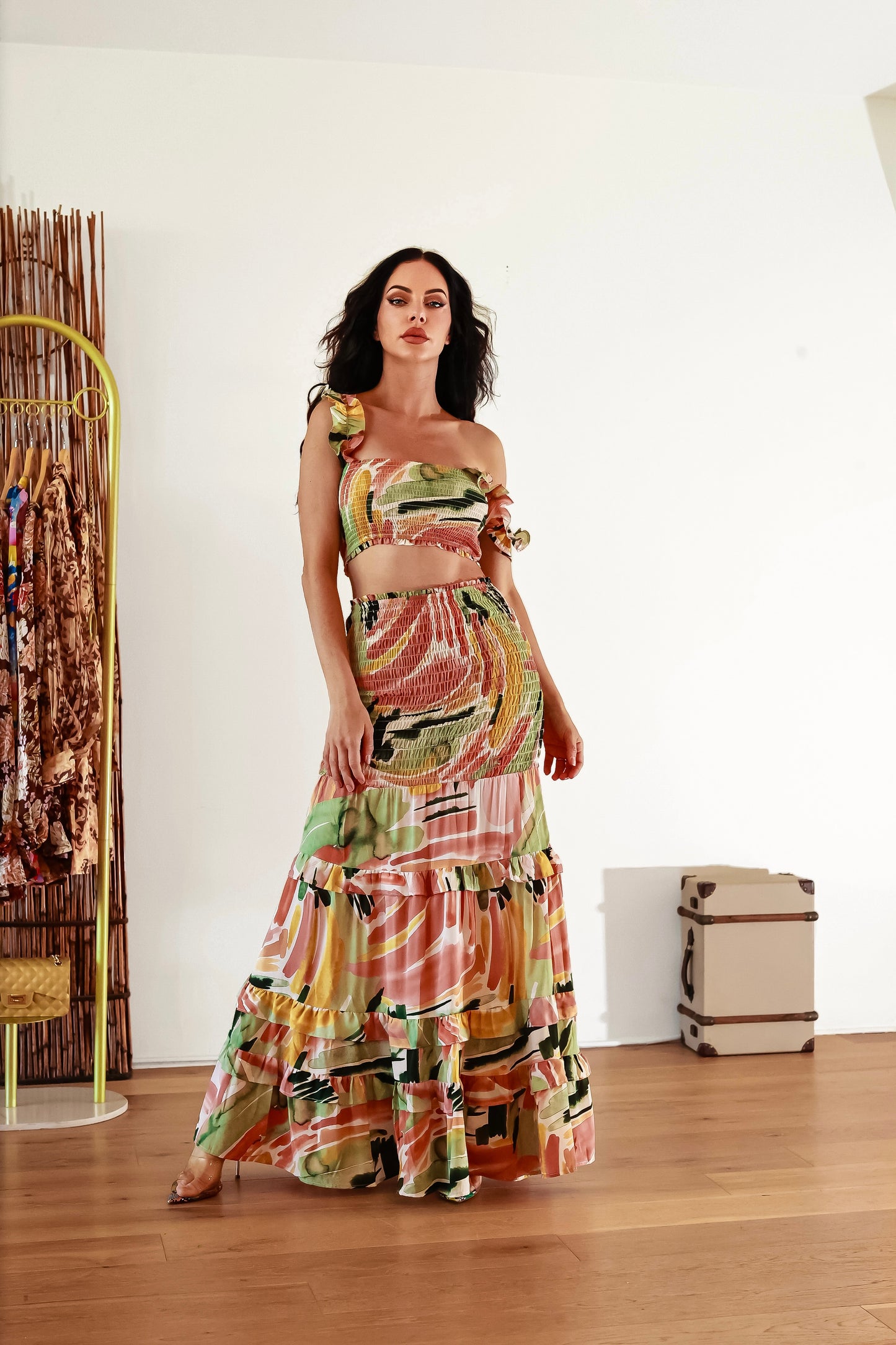 Crop Top And Maxi Skirt Set: Bali Dream Abstract Print Smocked Tiered