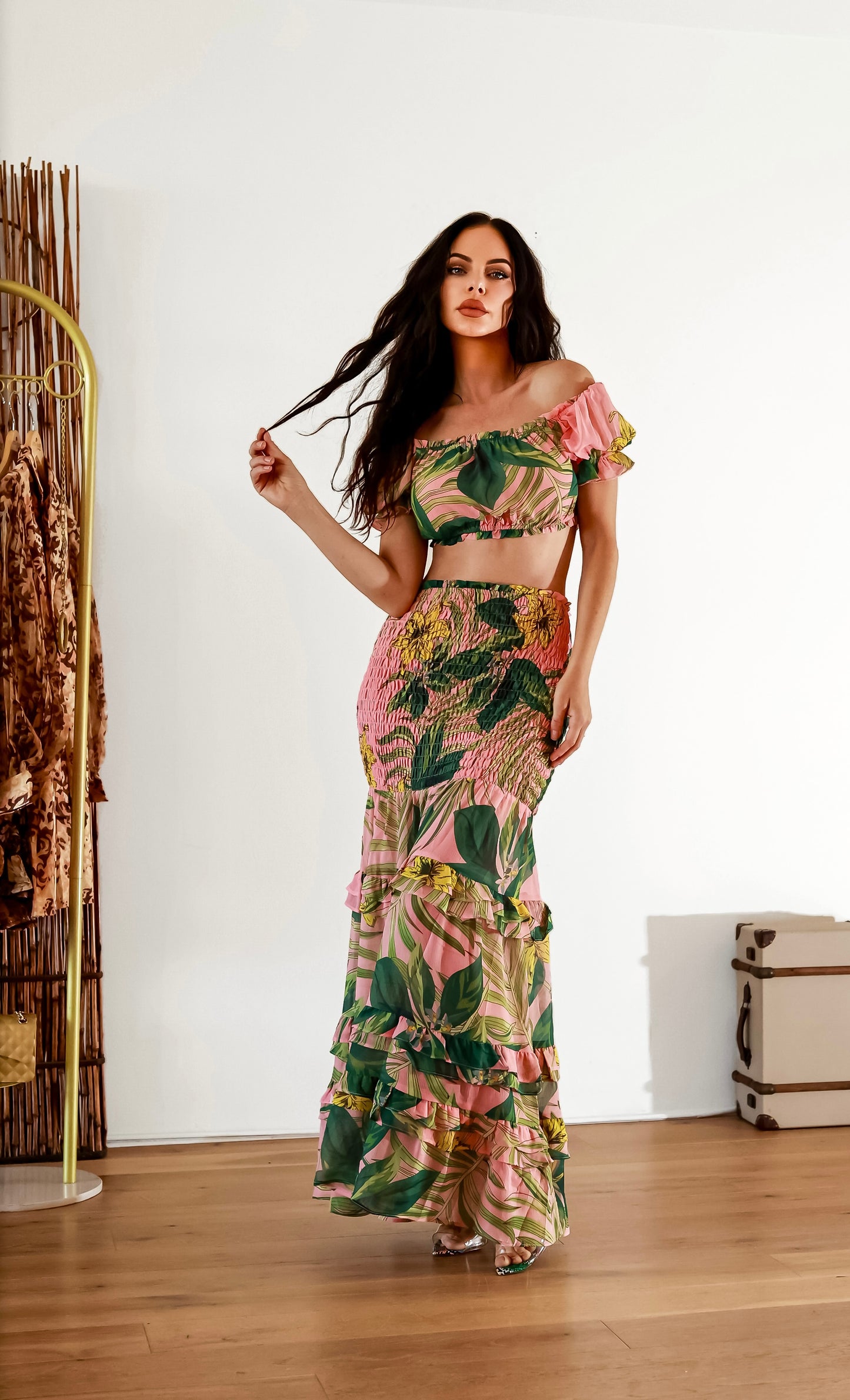 Ruffle Maxi Skirt Set: Pink Paradise Off Shoulder Smocked