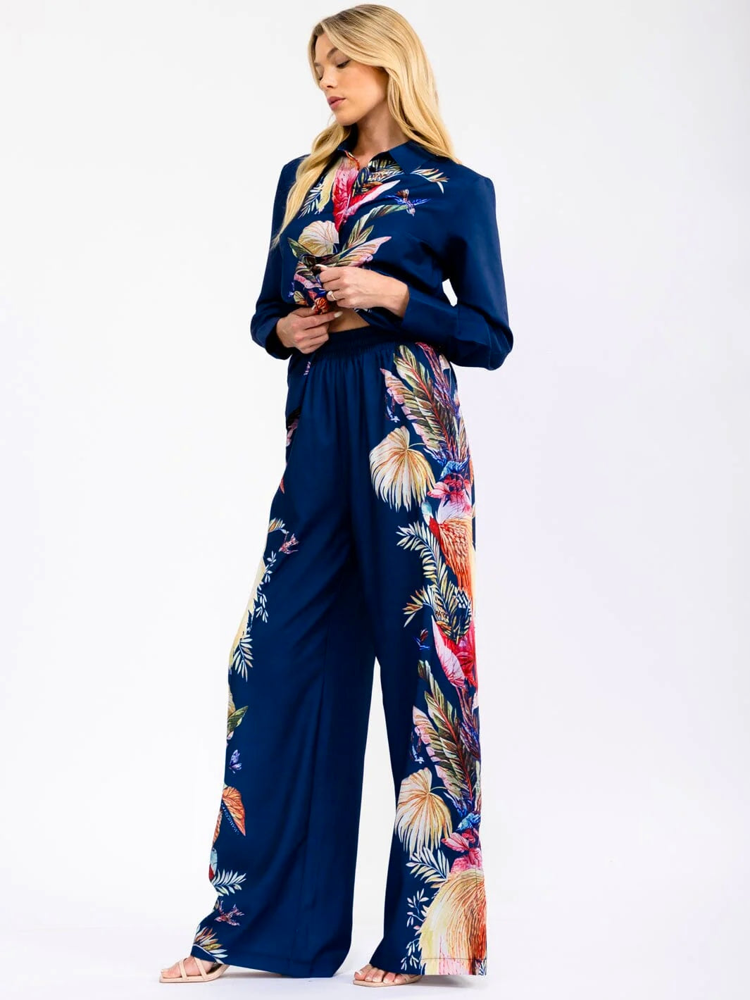 Tropical Leaf Wide Leg Pant Set: Ocean Aura