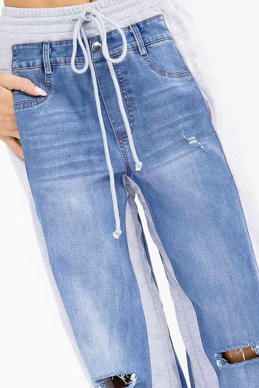 Boho Elastic Waist Pockets Distressed Contrast Wide-Leg Denim Pants