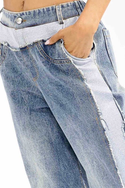Boho Elastic Button Closure Pockets Denim Contrast Wide-Leg Denim Pants