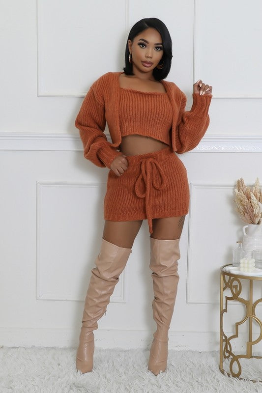 Knit Me Baby One More 3-Piece Knit Cardigan, Cropped Top & Skirt Set In Green
