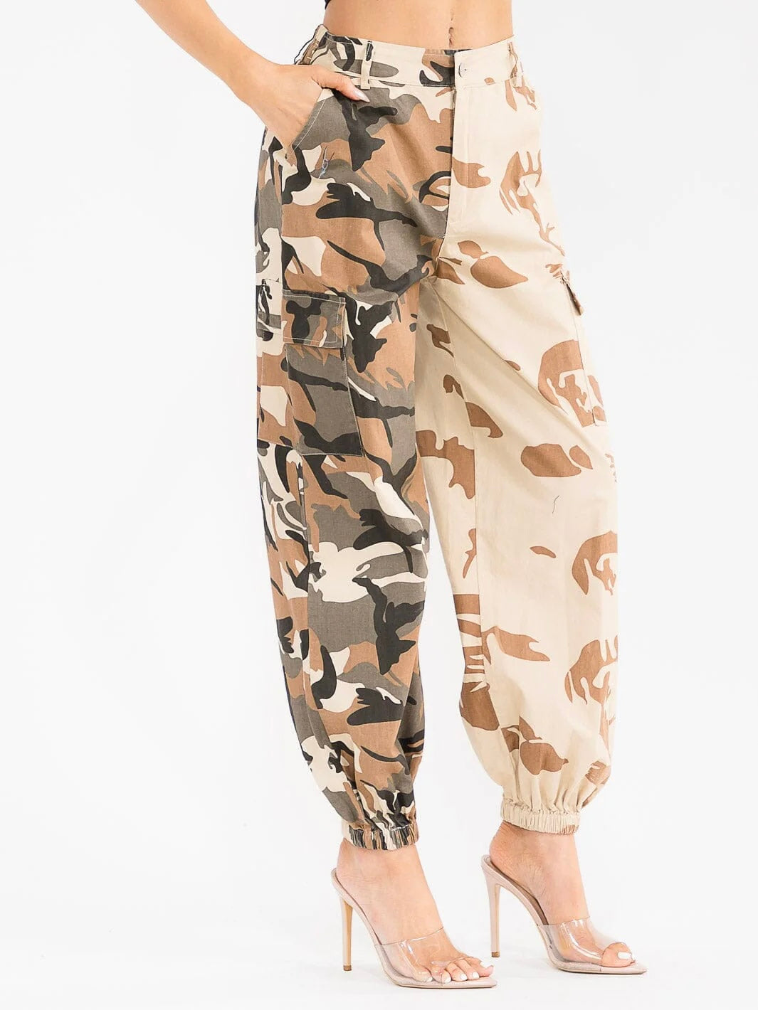 Camo Cargo Pockets Print Joggers: Weekend Warrior Button Closure Denim Pants