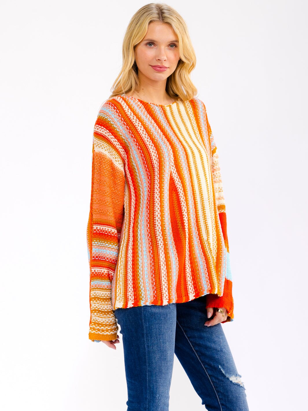 Colorblock Long Sleeve Stripe Sweater: Orange Crush