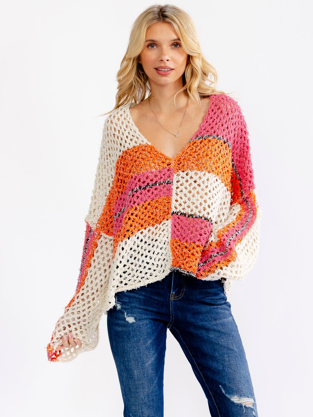 Long Sleeve V-Neck Colorblock Knit Sweater: Winsinkal Sorbet Dreams