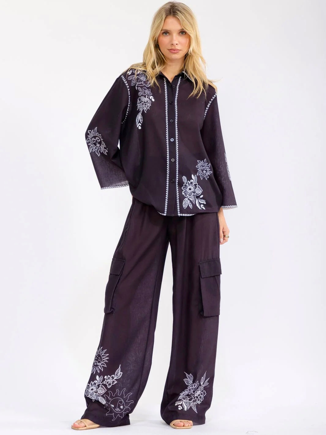 Embroidered Like Wide Leg Pant Set: Midnight Obsession