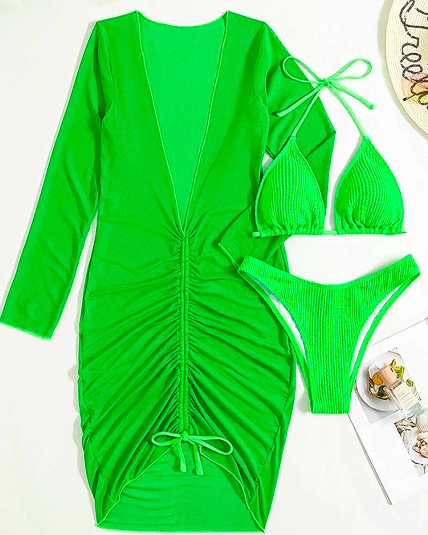 3 Piece Bikini Set With Cover Up: Main Squeeze in Green