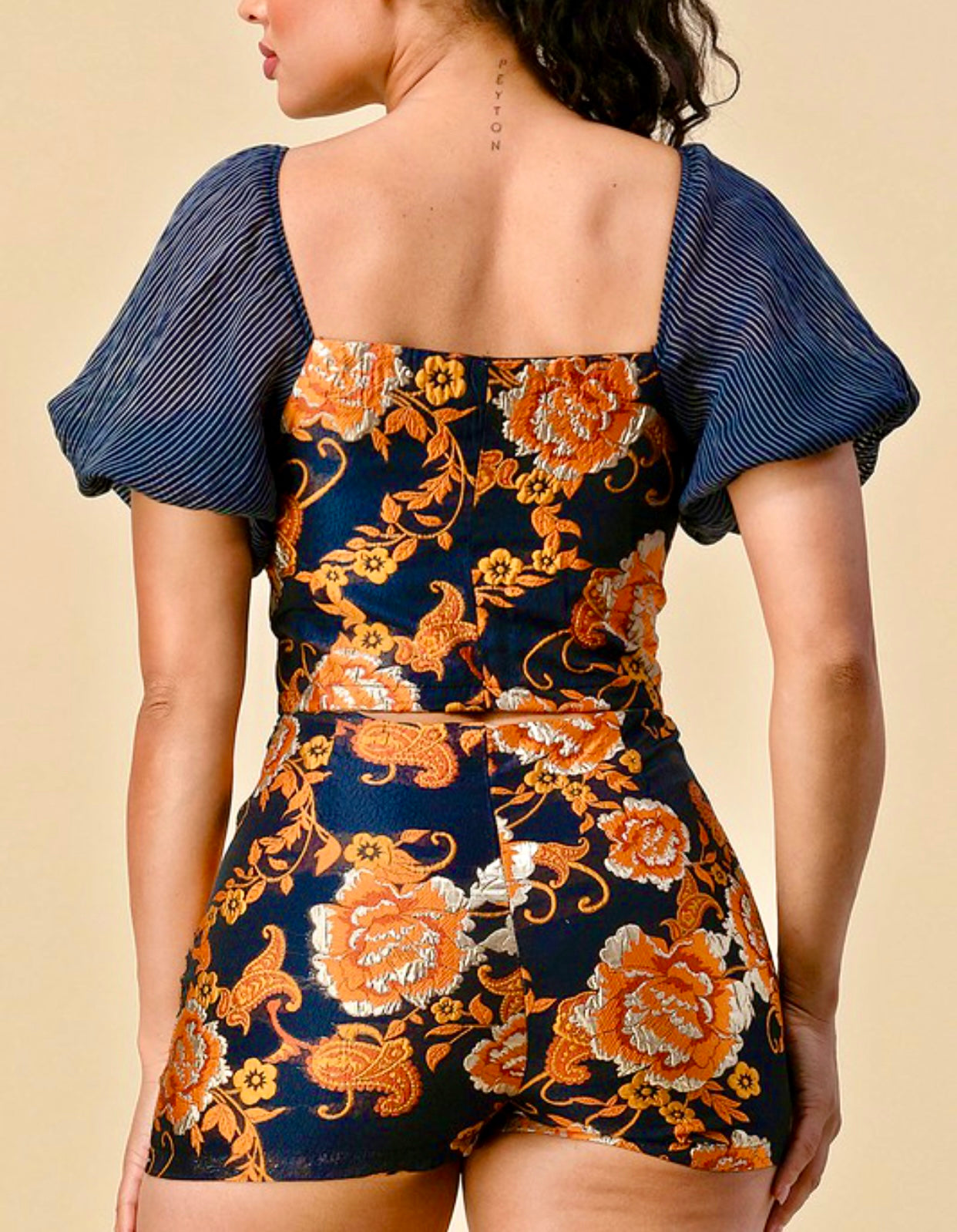 Corset Short Set: Jacquard Floral with Puff Sleeves