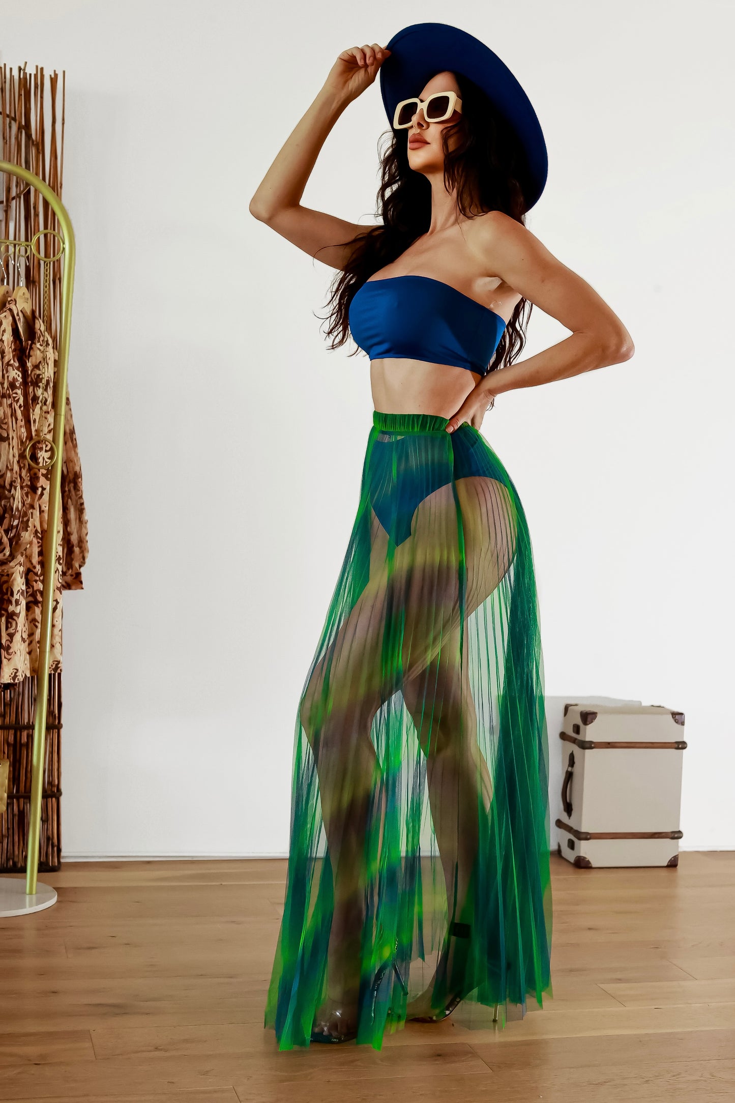 Diva Energy Rainbow Pleated Maxi Mesh Sheer Skirt & Bandeau Top Set
