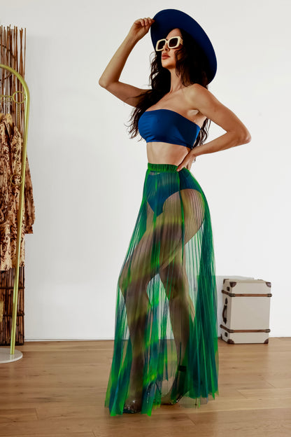 Diva Energy Rainbow Pleated Maxi Mesh Sheer Skirt & Bandeau Top Set