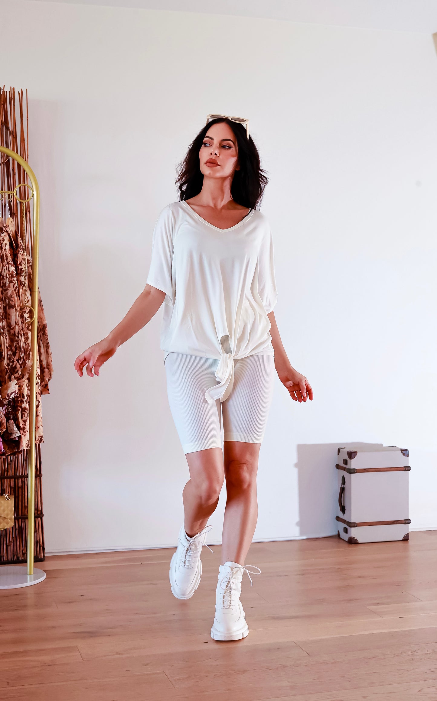 Ribbed Shorts Set: On The Go Front Tie Top in Ivory