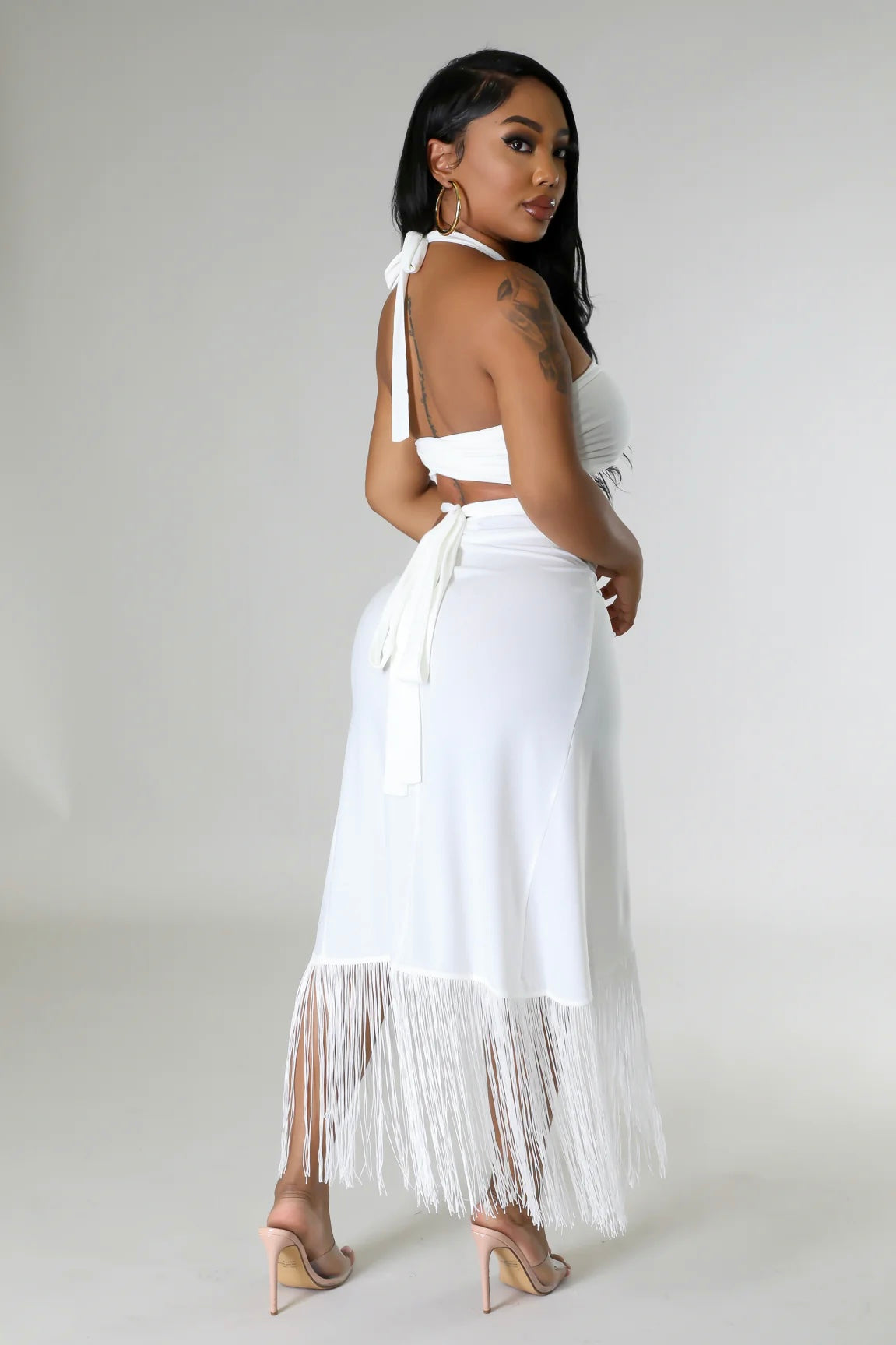 White Backless Halter Top & Wrap Set: Opulent Beach Oasis
