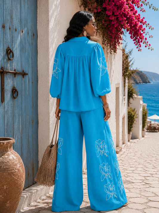 Floral Wide Leg Pants Set : Ocean Escape | 3/4 Sleeve Button-Up Blouse & Button-Closure Wide Leg Pants