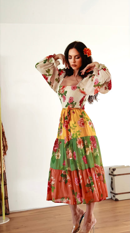 Tiered Midi Dress With Sleeves: Garden of Roses Floral Print