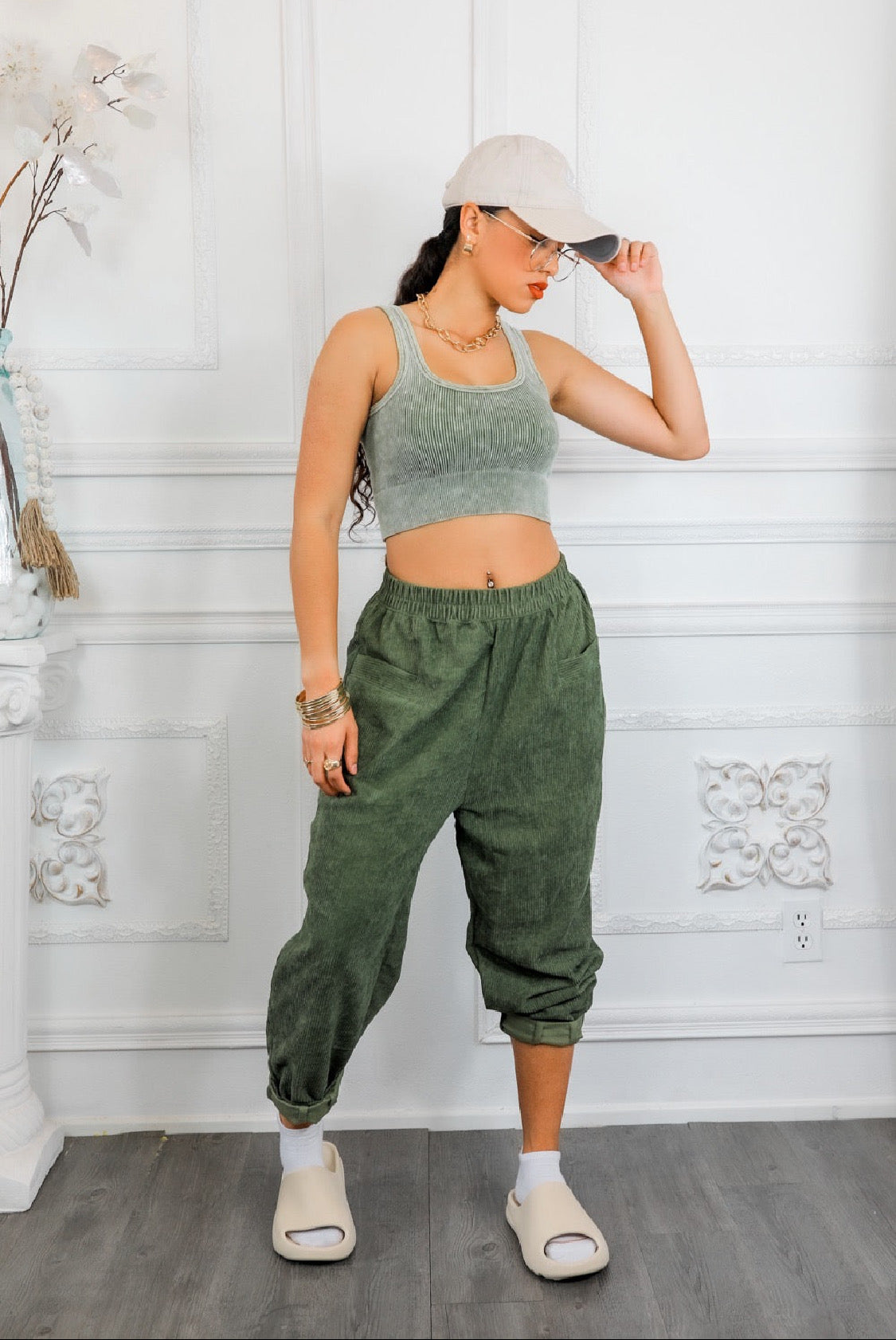 Olive Ribbed Cropped Top & CorduroyPocket Front Pants Set: Hung Up On You