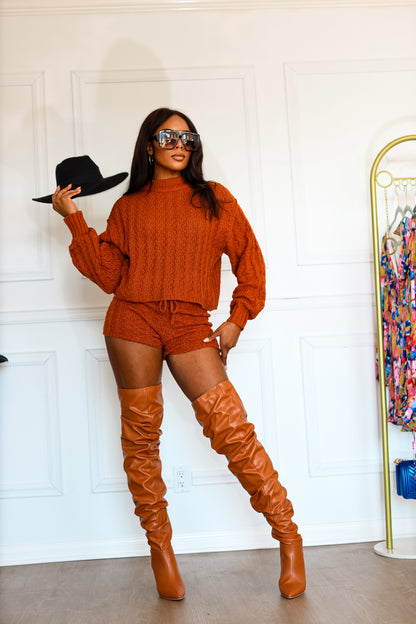 Knitted Shorts Set & Jumper: Hot to Handle Cable Knitted in Rust