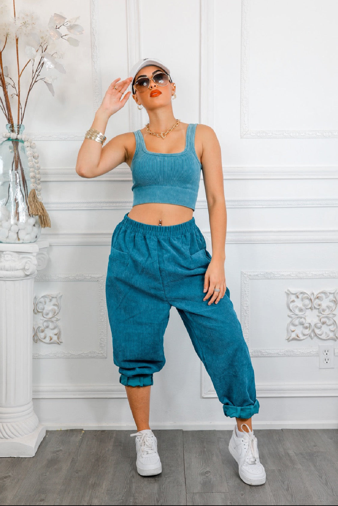 Purple Ribbed Cropped Top & Corduroy Pocket Front Pants Set: Hung Up On You
