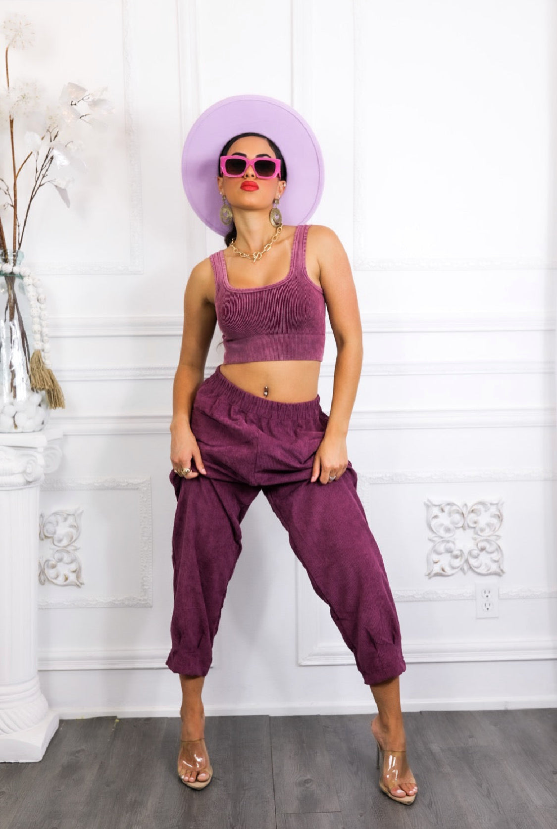 Purple Ribbed Cropped Top & Corduroy Pocket Front Pants Set: Hung Up On You