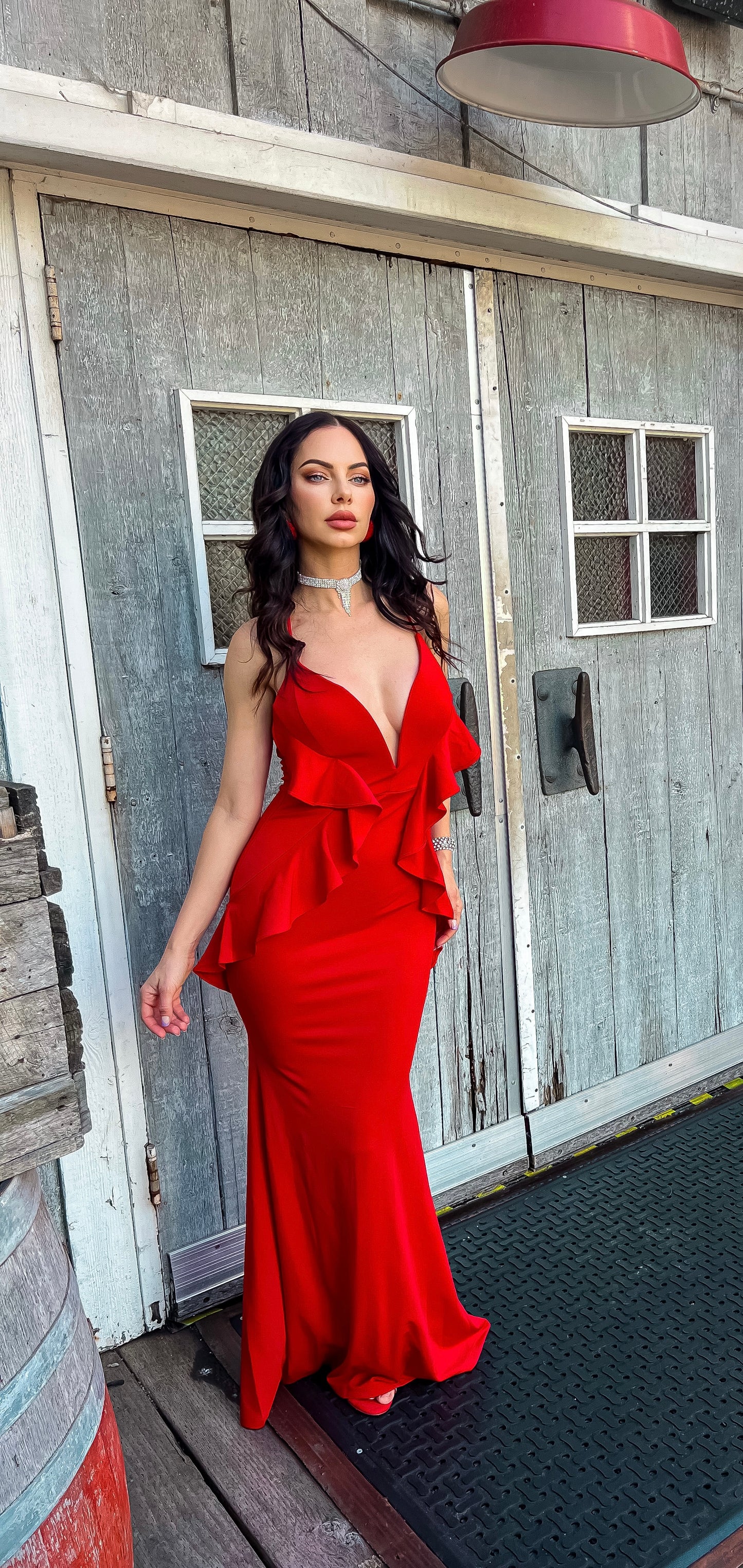 Sleeveless V-Neck Maxi Dress: Hollywood Glow Halter in Red