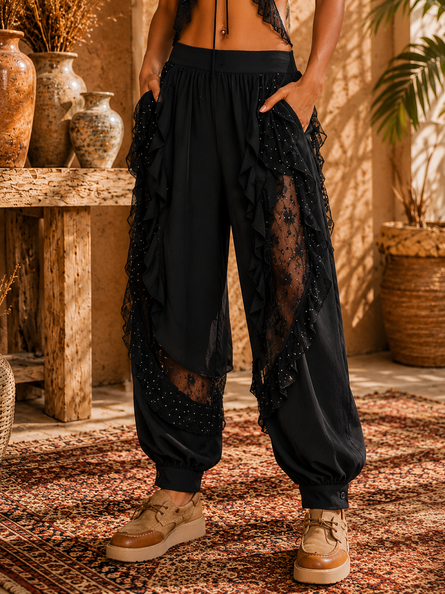 Black Floral Lace Studded 2-Piece Set: Midnight Romance Long Sleeve Blouse & Elastic Waist Pant