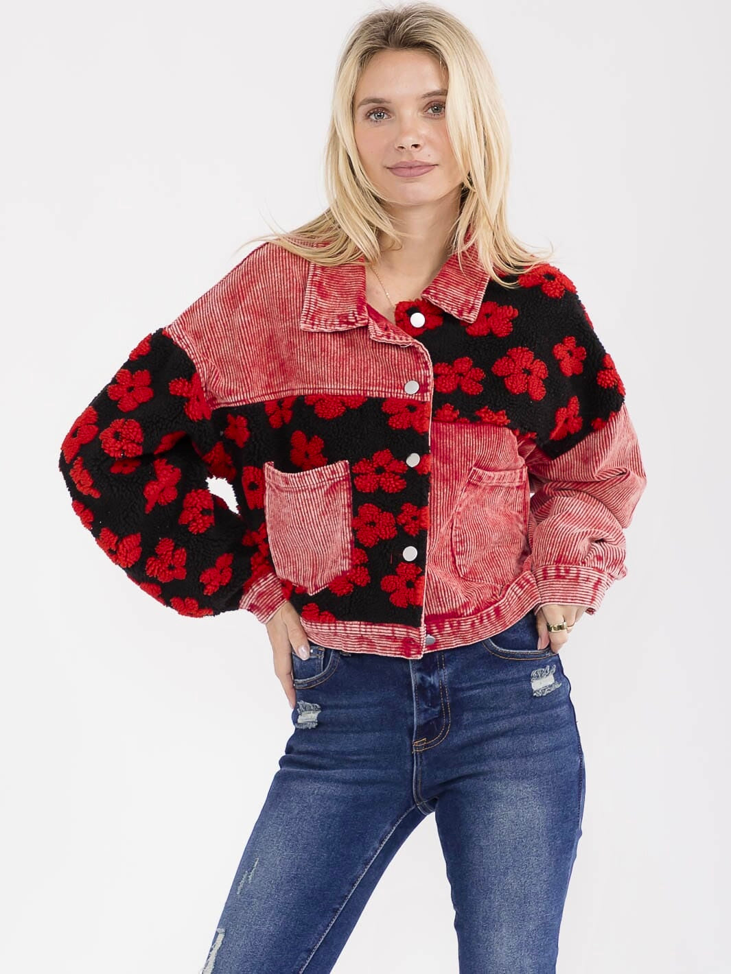 Boho Fleur Rouge Long Sleeve Button Closure Front Pockets Sherpa Corduroy Jacket