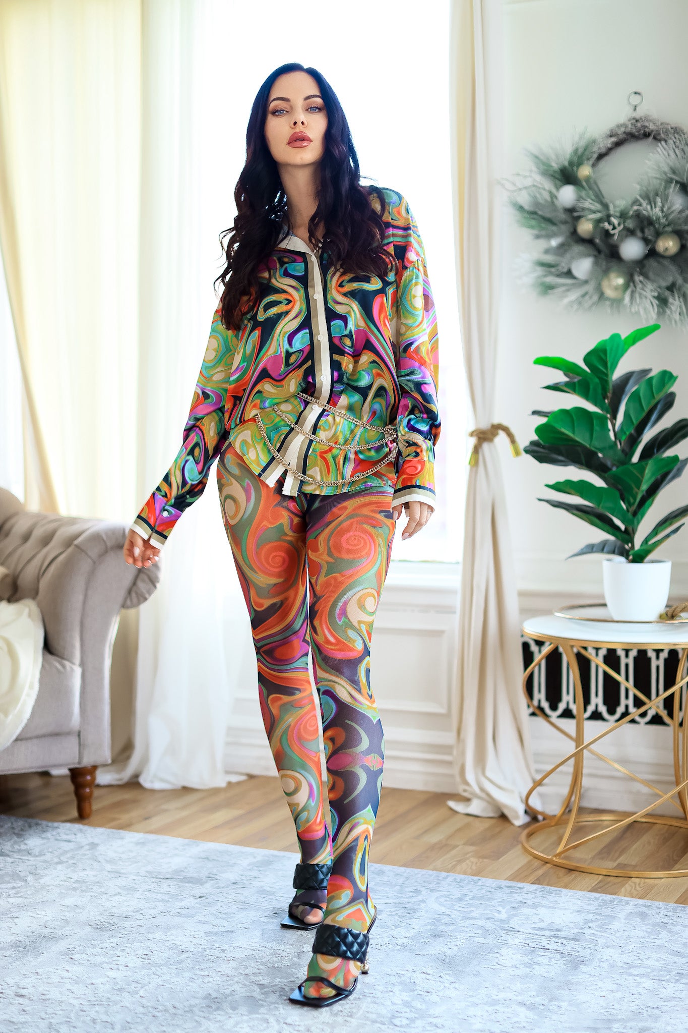Button Down Shirt and Mesh Printed Scarf Leggings Set: Rule Breaker