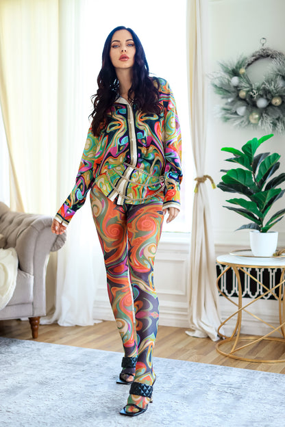 Button Down Shirt and Mesh Printed Scarf Leggings Set: Rule Breaker
