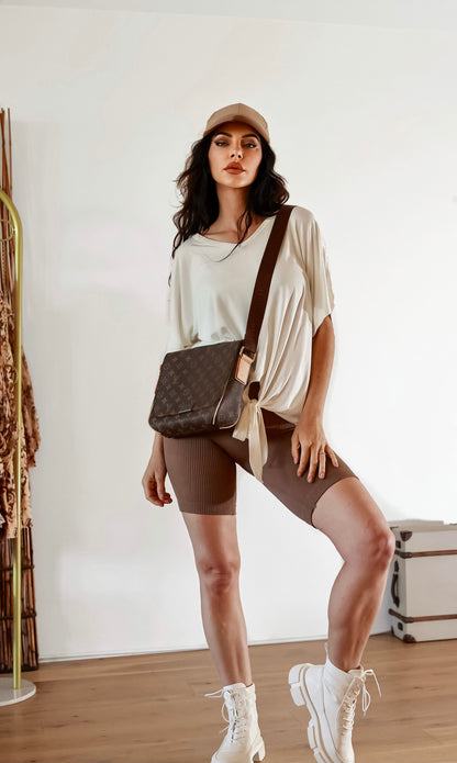 Ribbed Shorts Set: On The Go Front Tie Top in Brown