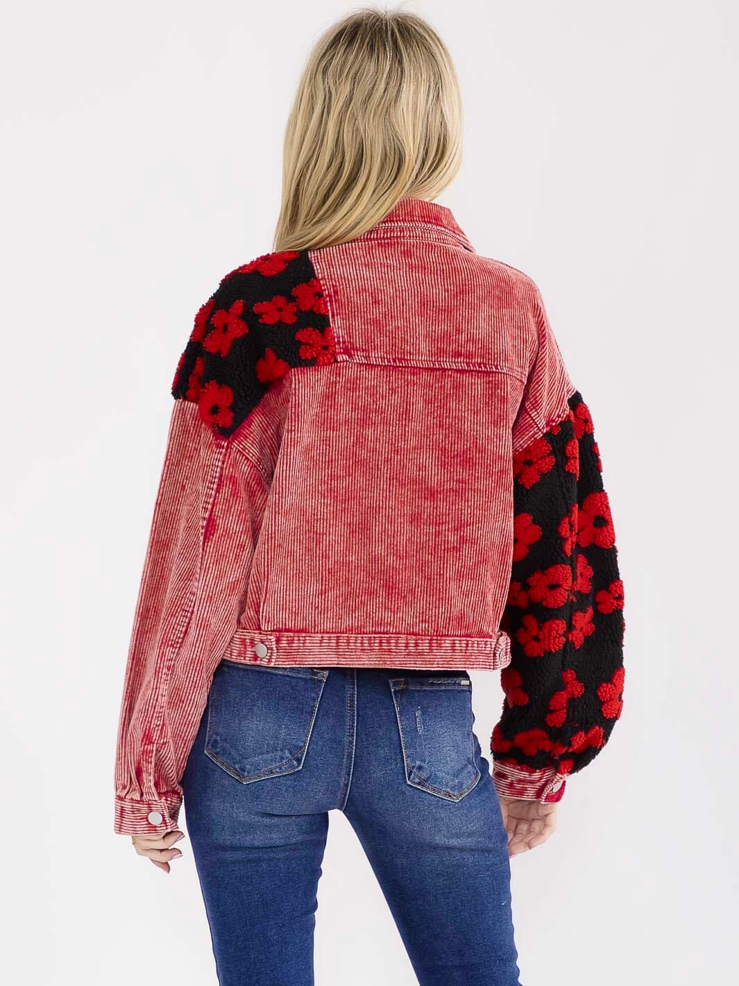 Boho Fleur Rouge Long Sleeve Button Closure Front Pockets Sherpa Corduroy Jacket