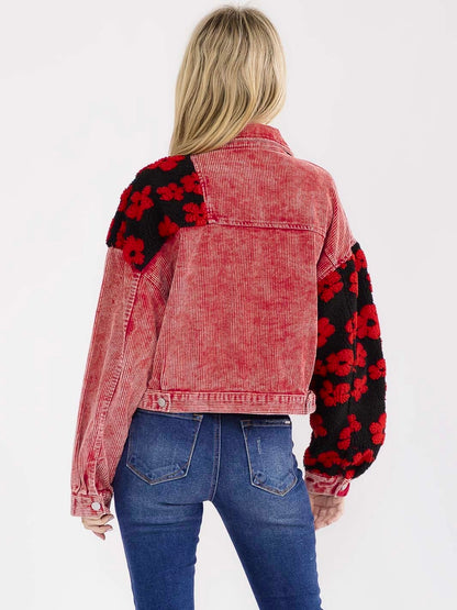 Boho Fleur Rouge Long Sleeve Button Closure Front Pockets Sherpa Corduroy Jacket