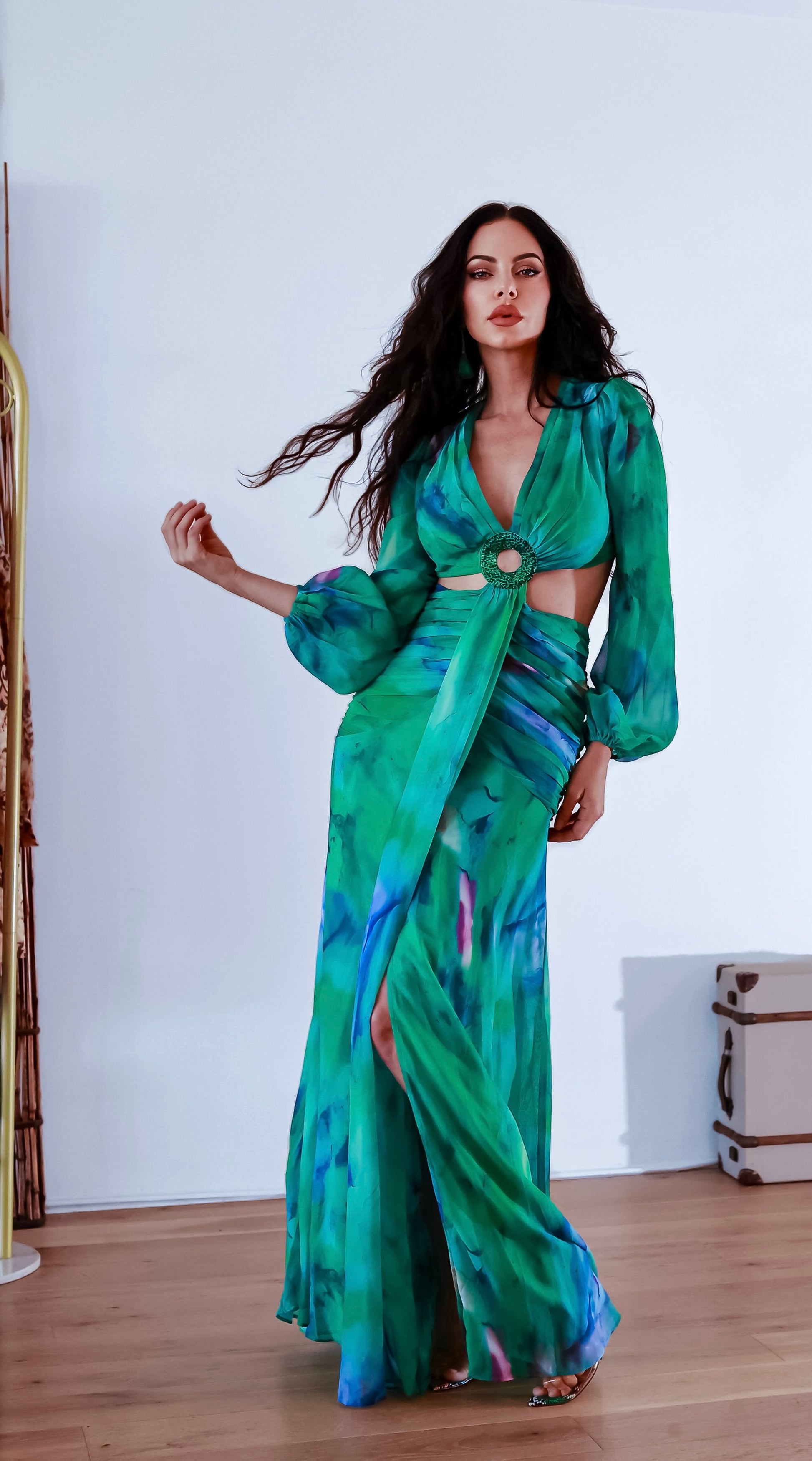 O Ring Maxi Dress: Tropical Fantasy Long Sleeve Green Print – Little Secret Of Mine