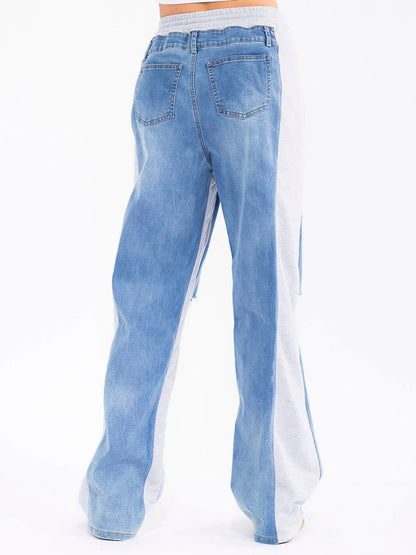 Boho Elastic Waist Pockets Distressed Contrast Wide-Leg Denim Pants