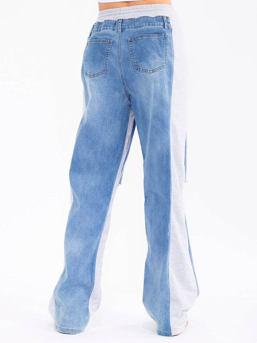 Boho Elastic Waist Pockets Distressed Contrast Wide-Leg Denim Pants