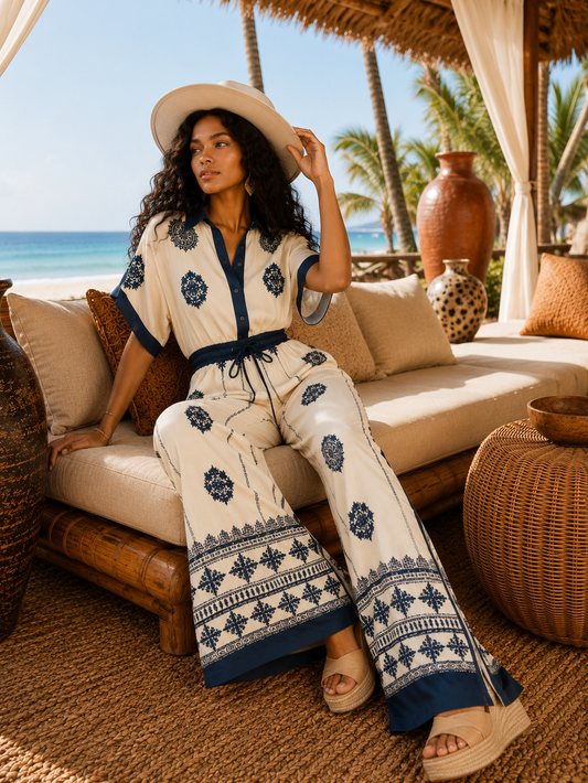 Printed Wide Leg Jumpsuit: Cabo Oasis