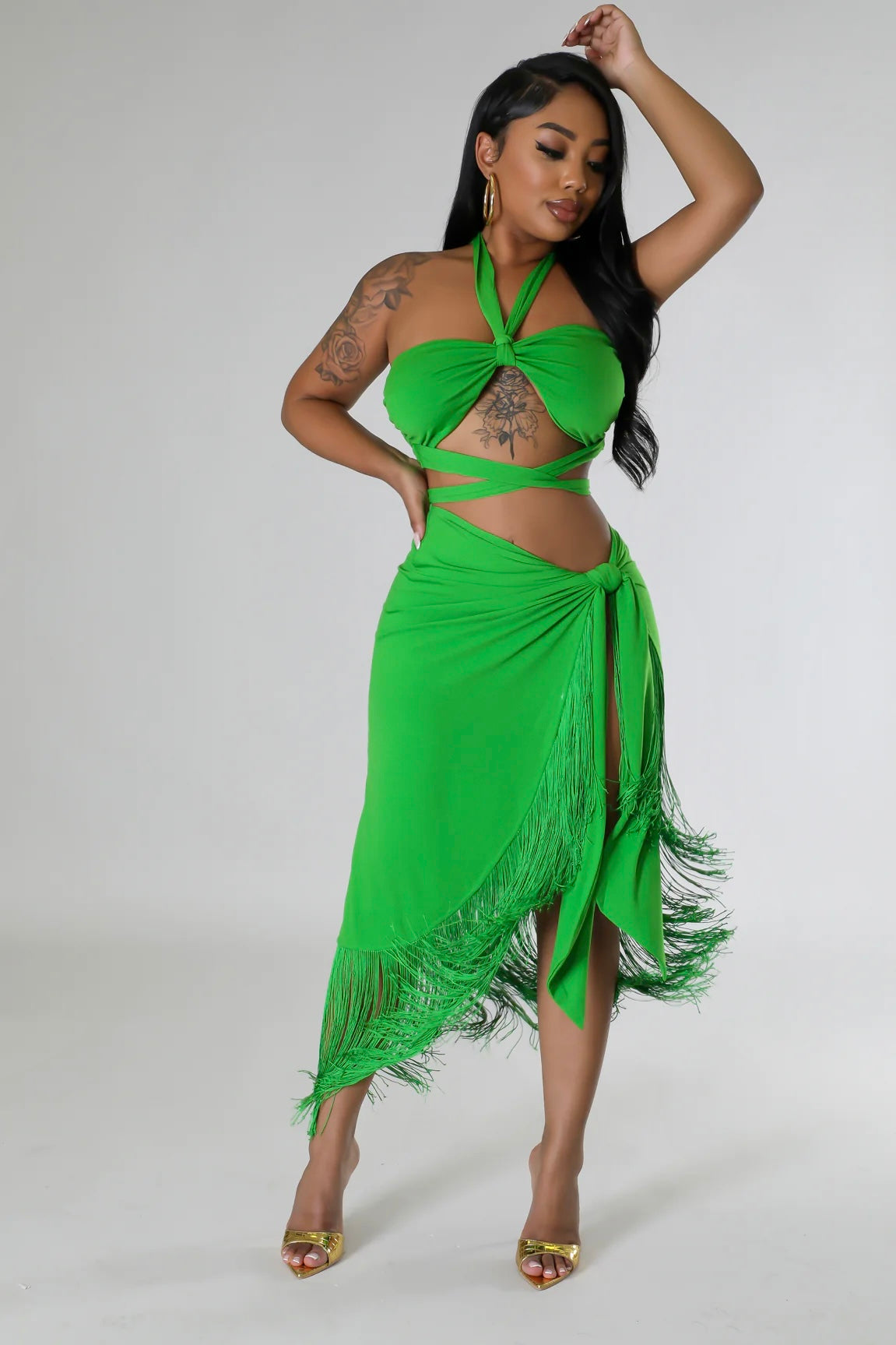 Backless Halter Top & Wrap Set: Emerald Oasis Green Fringe Wrap