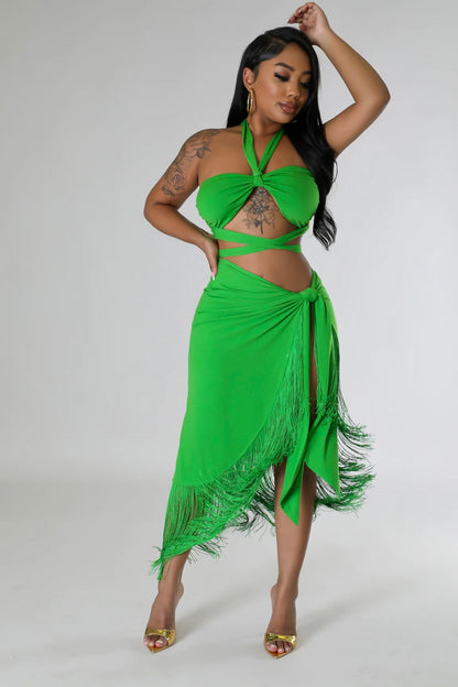 Backless Halter Top & Wrap Set: Emerald Oasis Green Fringe Wrap