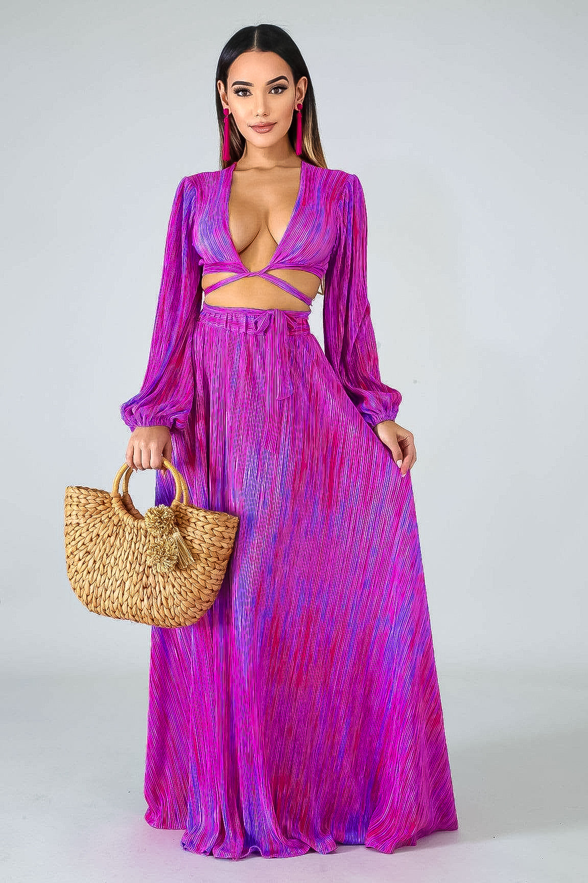 Maxi Skirt Set: Miami Vibing Long Sleeve Pink Color