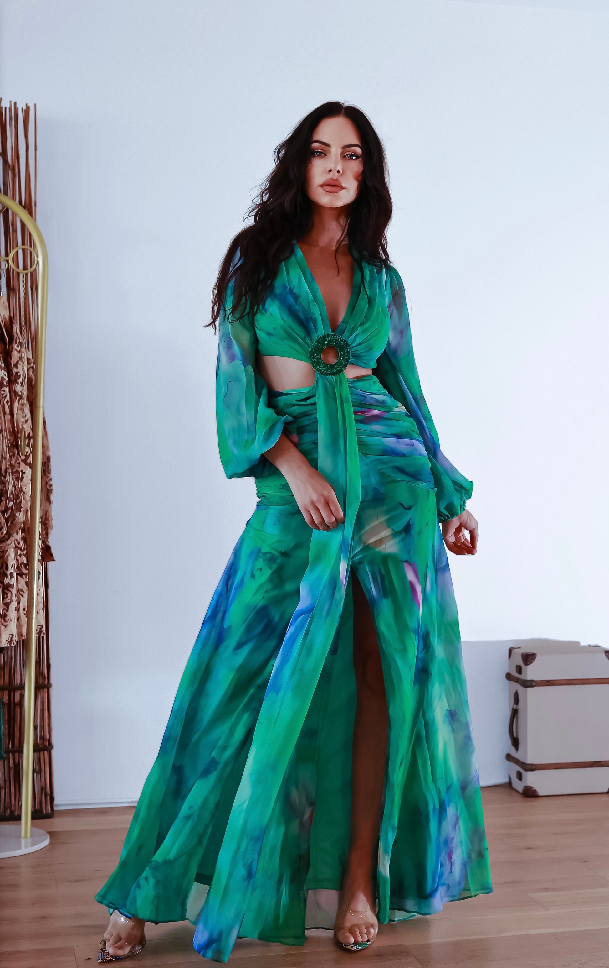 O Ring Maxi Dress: Tropical Fantasy Long Sleeve Green Print – Little Secret Of Mine