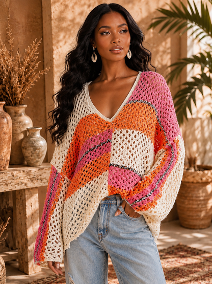 Long Sleeve V-Neck Colorblock Knit Sweater: Winsinkal Sorbet Dreams