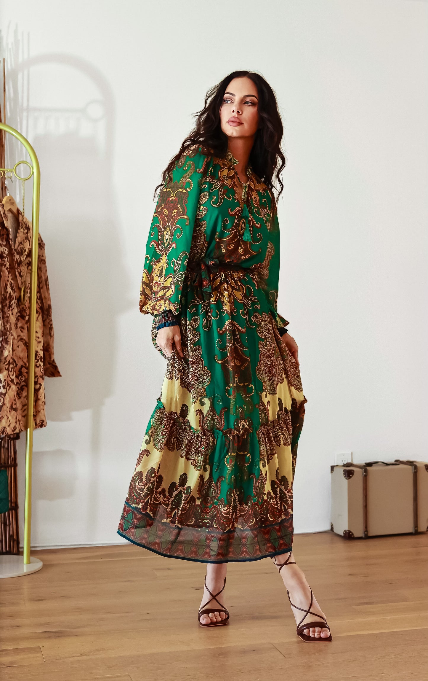 Pleated Midi Dress: Bohemian Breeze With Long Sleeves