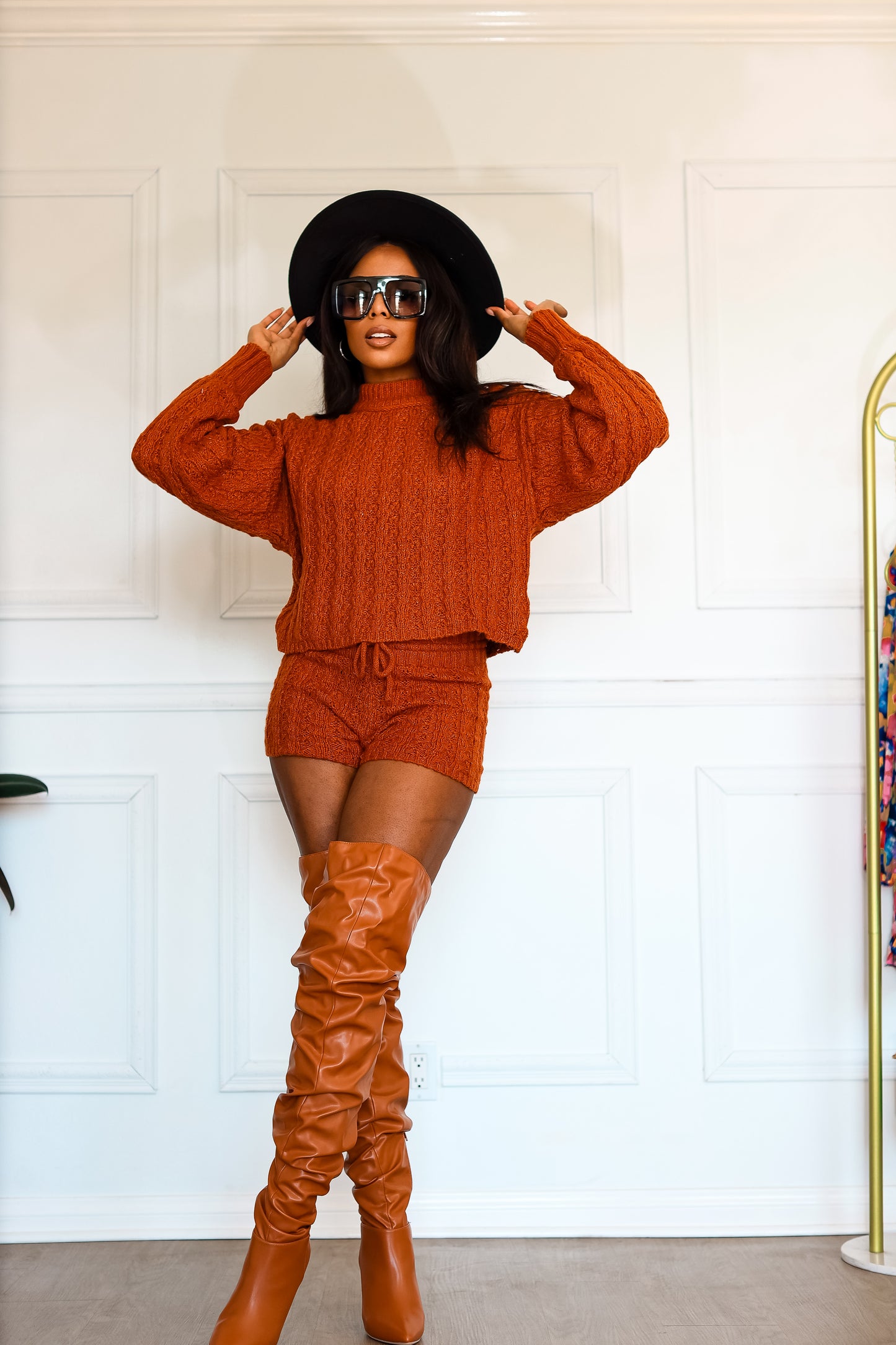 Knitted Shorts Set & Jumper: Hot to Handle Cable Knitted in Rust