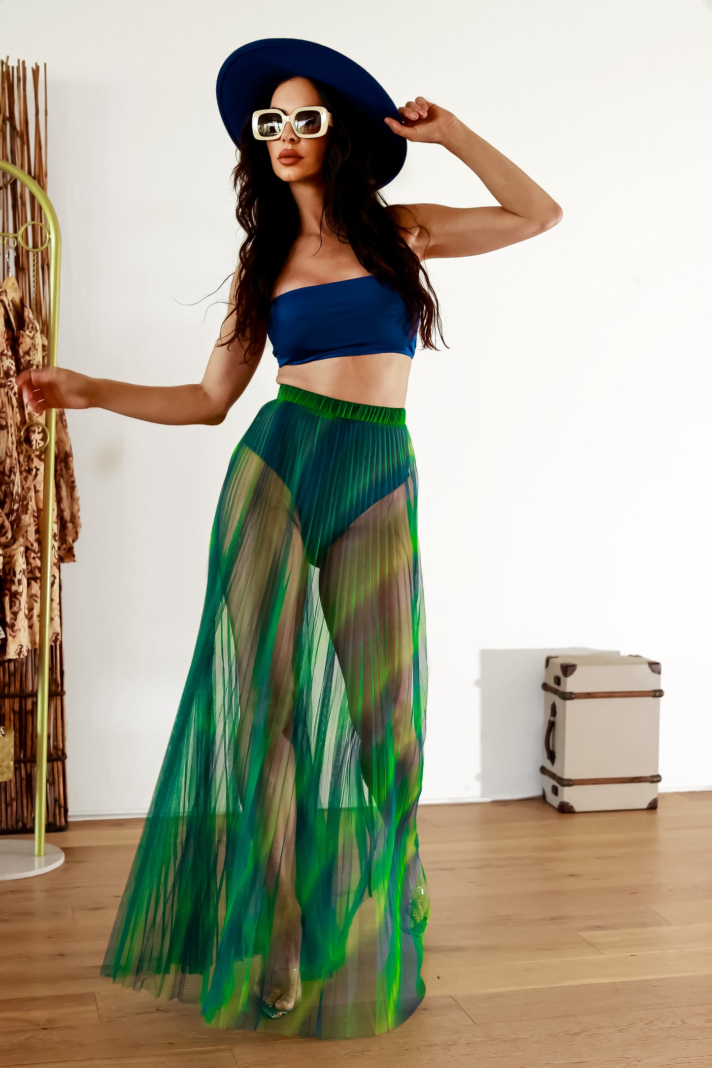 Diva Energy Rainbow Pleated Maxi Mesh Sheer Skirt & Bandeau Top Set