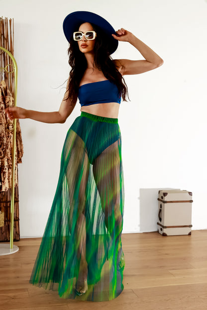 Diva Energy Rainbow Pleated Maxi Mesh Sheer Skirt & Bandeau Top Set