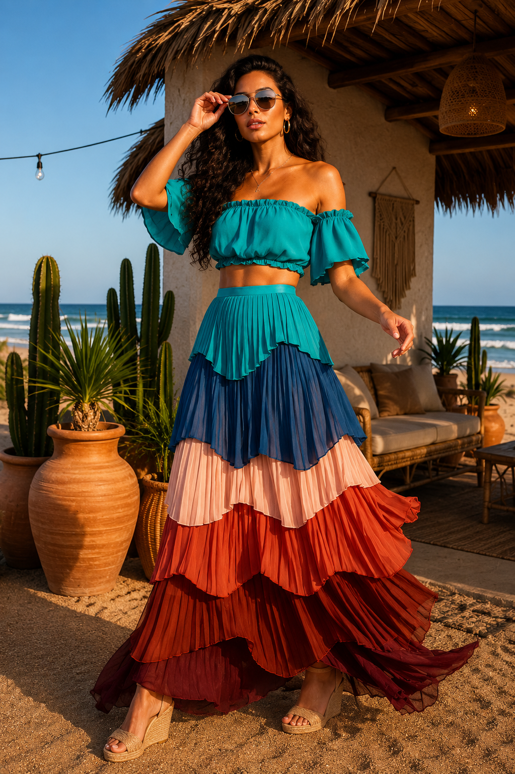 Tiered Pleated Maxi Skirt Set: Color Me Fancy