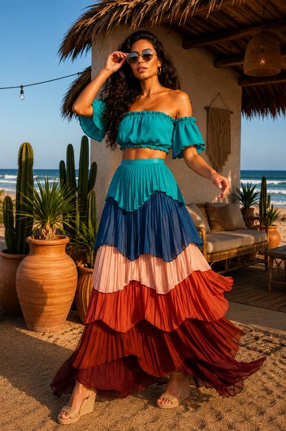 Tiered Pleated Maxi Skirt Set: Color Me Fancy