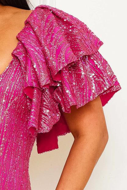Ruffle Sleeve Mini Dress: Glam Factor Glitter Patterned