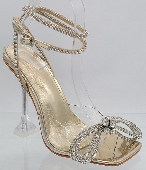 Take A Bow Diamond Ankle-Strap Square-Toe Clear Stiletto Heels