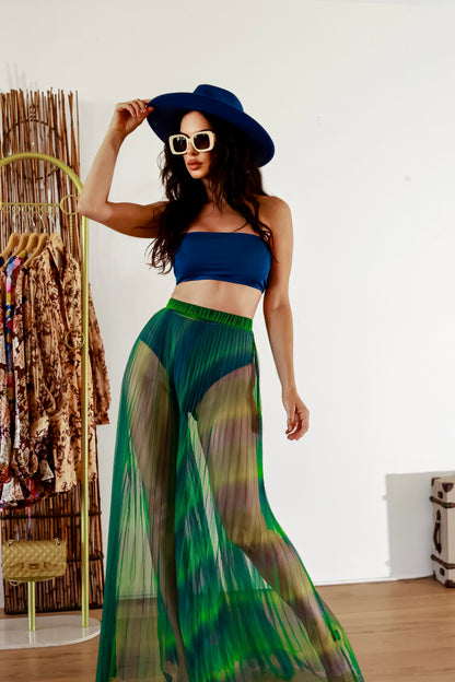 Diva Energy Rainbow Pleated Maxi Mesh Sheer Skirt & Bandeau Top Set