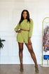 Dreamscape Green Olive Pleated Plisse Long Sleeve Top & Short Set