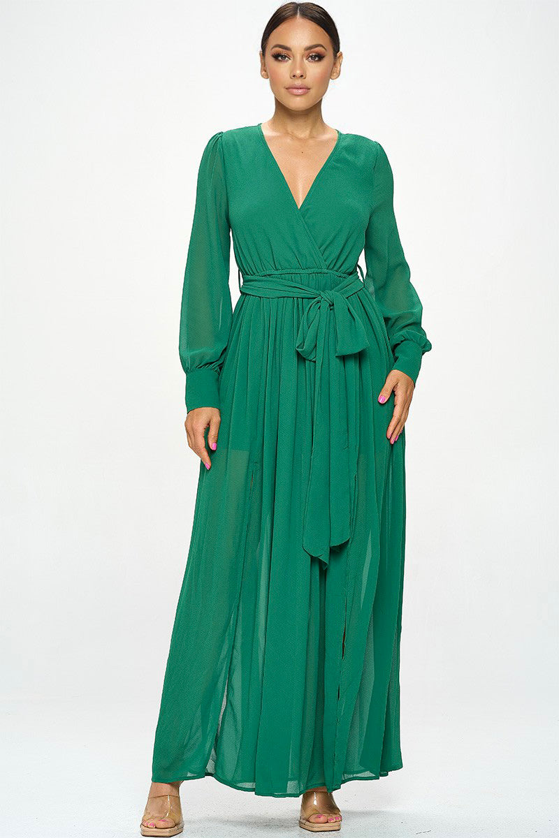 Flirty Green Chiffon Maxi Dress: Swaying In Splendor